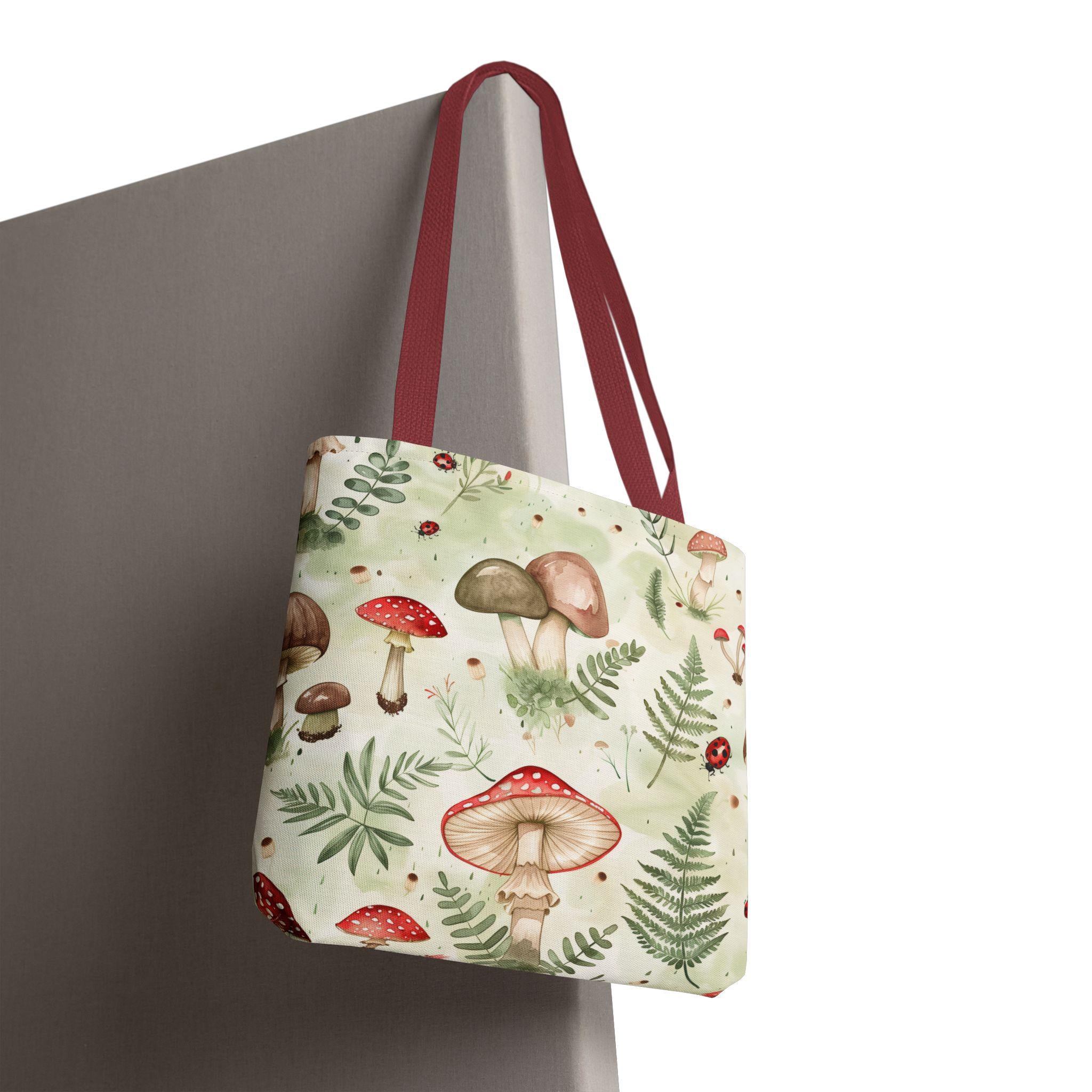 Watercolor Mushroom Pattern Tote Bag | Ferns, Ladybugs, Botanical Print