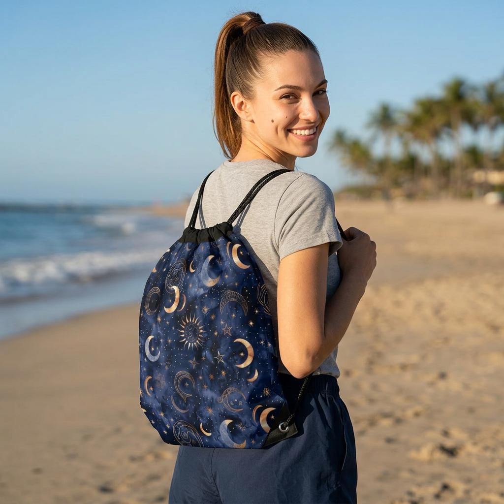 Celestial Moons & Stars Drawstring Bag — Night Sky Boho Bag