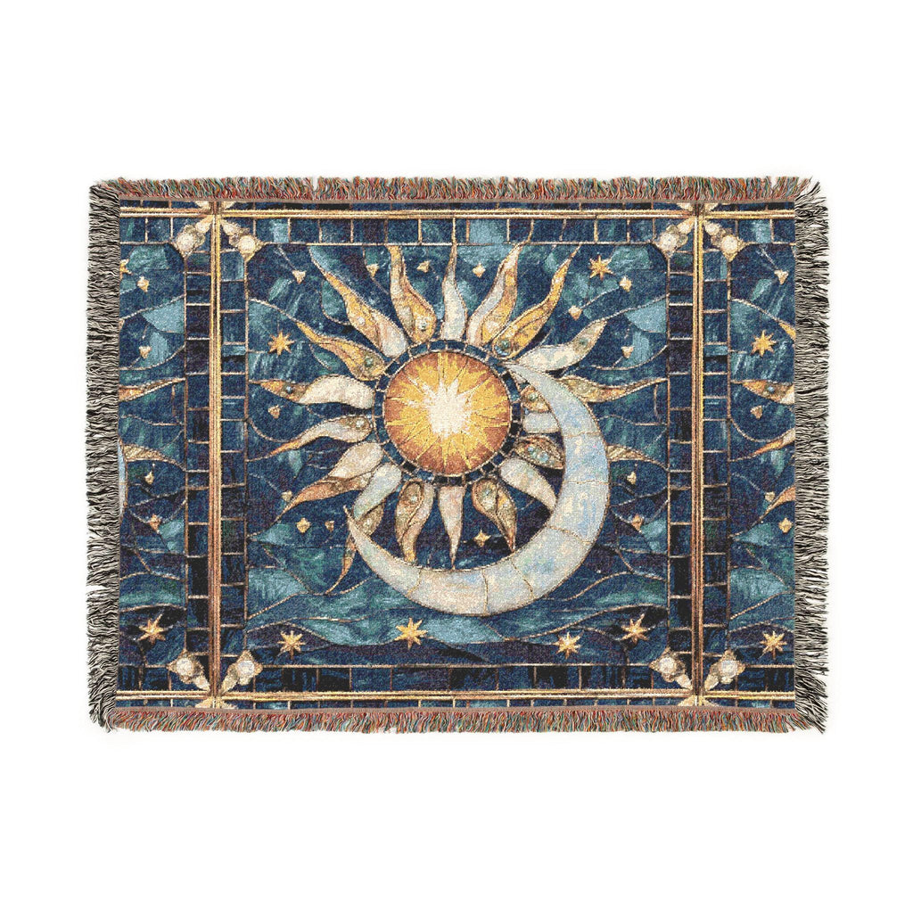 Sun and Moon Mosaic Woven Blanket | Celestial Tapestry Throw