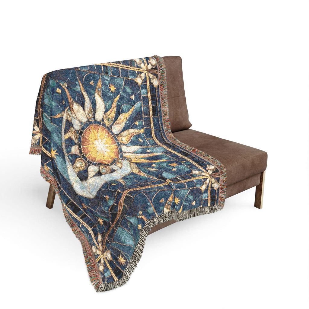 Sun and Moon Mosaic Woven Blanket | Celestial Tapestry Throw