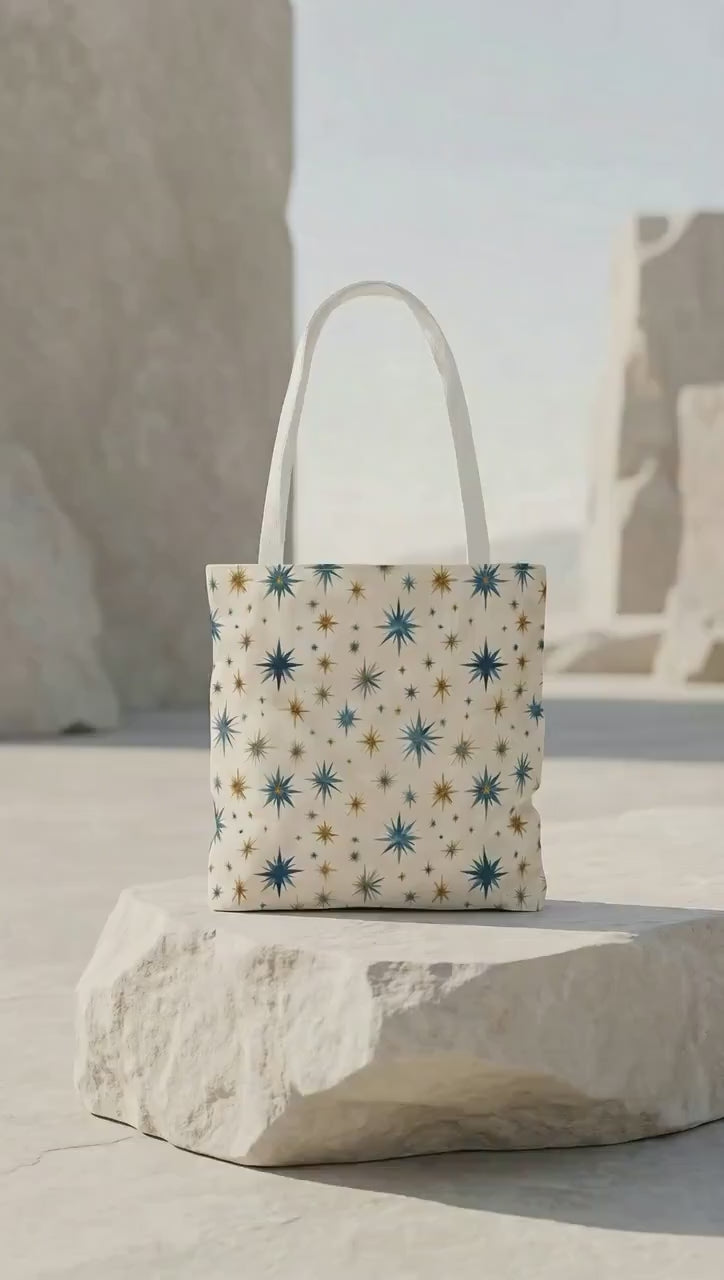 Midcentury Starburst Pattern Tote Bag | Retro Atomic Stars All-Over Print