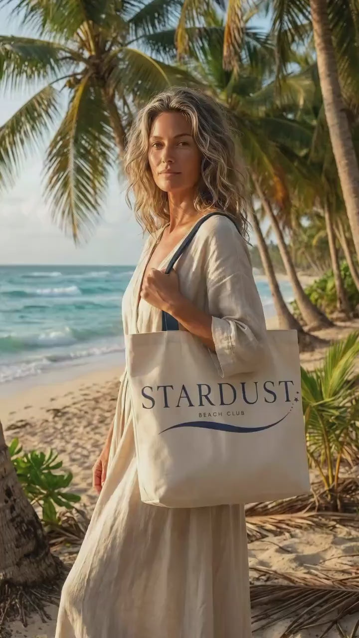 Stardust Beach Club Tote, Canvas Beach Bag, Navy Handles, Minimalist Coastal Style
