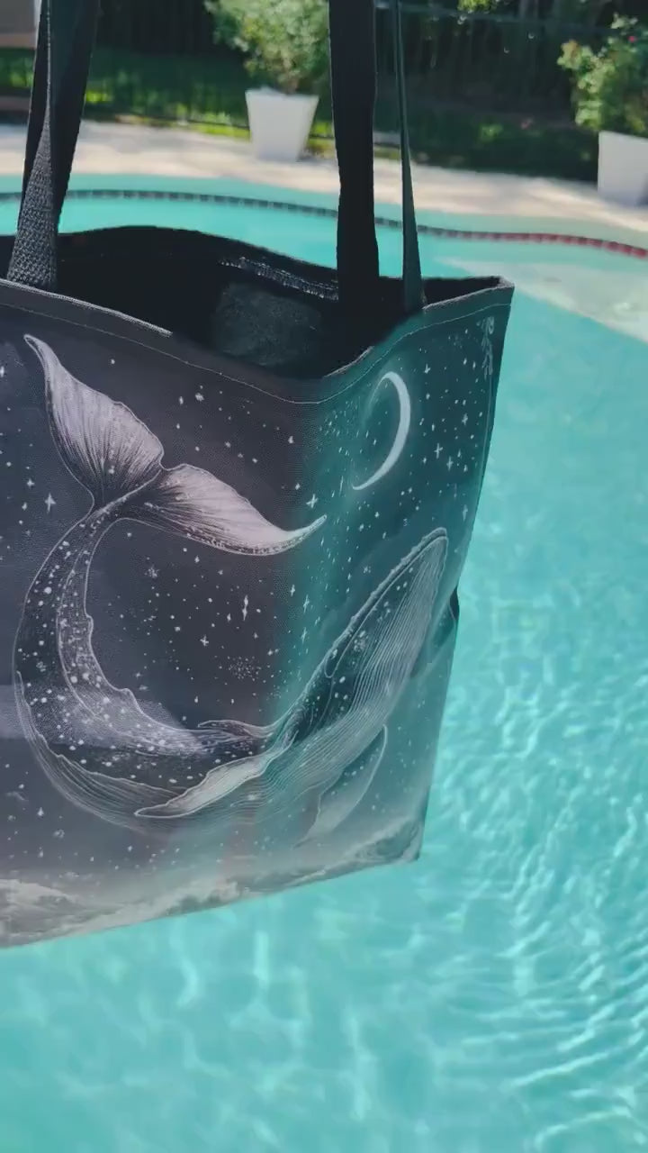 Moonlit Whale Celestial Ocean Tote Bag | Night Sky Illustration