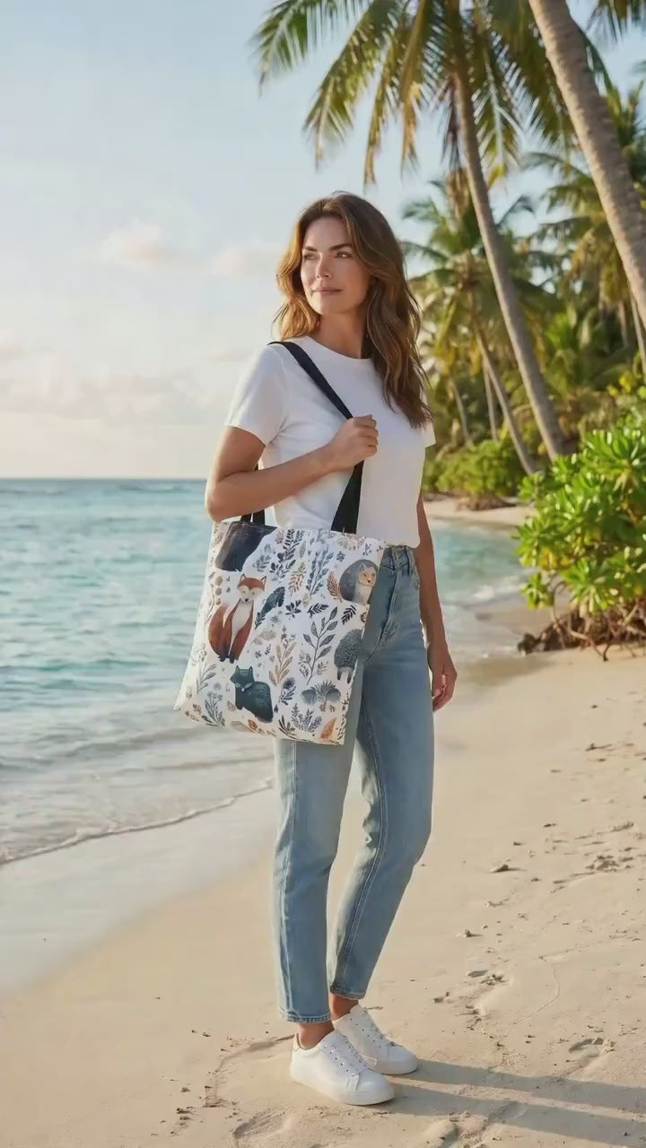 Woman wearing Woodland Fox and Hedgehog Tote Bag on beach — forest animal print with foxes, hedgehogs, and floral sprigs in navy, amber, and gray, navy strap