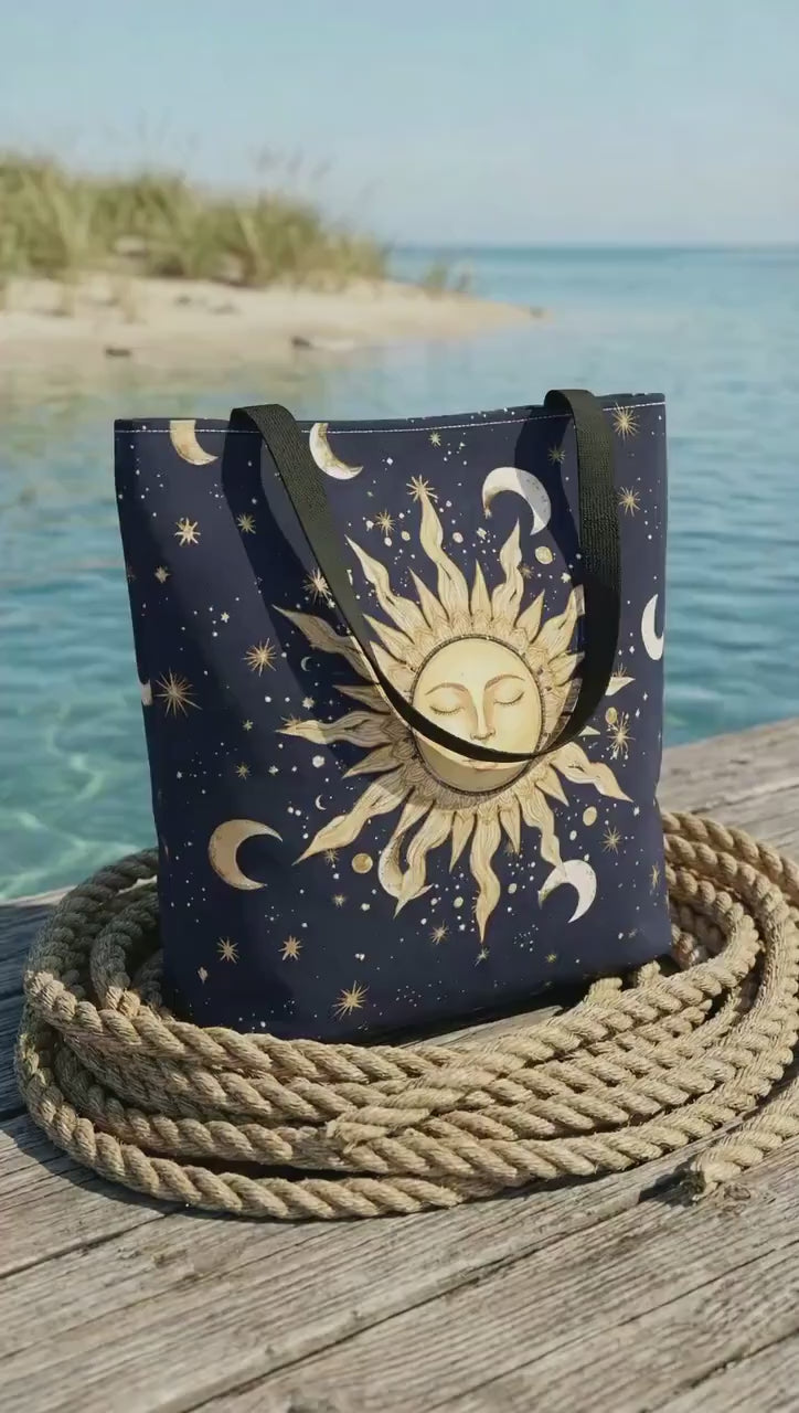 Celestial Sun Face Tote Bag | Night Sky Stars Moon Pattern