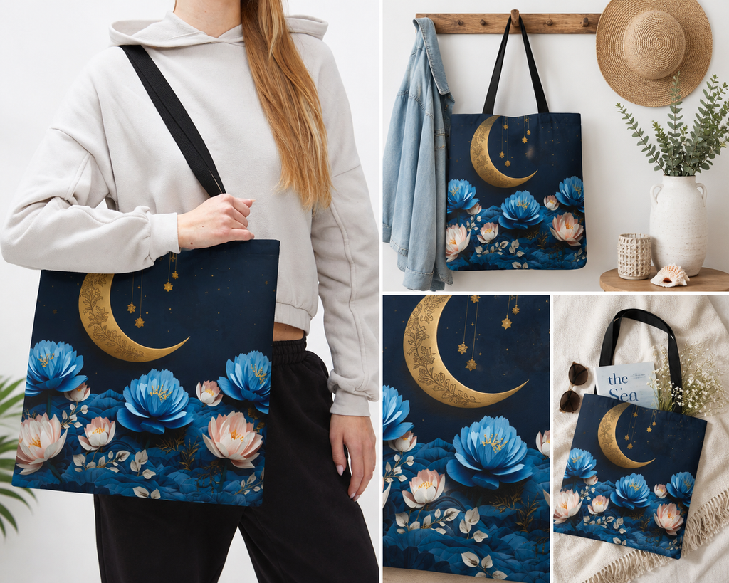 A tote bag with a dark blue celestial floral print featuring a gold crescent moon, hanging flowers, and blue lotus blossoms. The collage shows the bag worn by a person, hanging on a wooden rack, and displayed in a cozy styled setting with a straw hat, cardigan, and books.