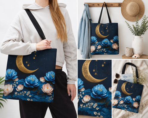 A tote bag with a dark blue celestial floral print featuring a gold crescent moon, hanging flowers, and blue lotus blossoms. The collage shows the bag worn by a person, hanging on a wooden rack, and displayed in a cozy styled setting with a straw hat, cardigan, and books.