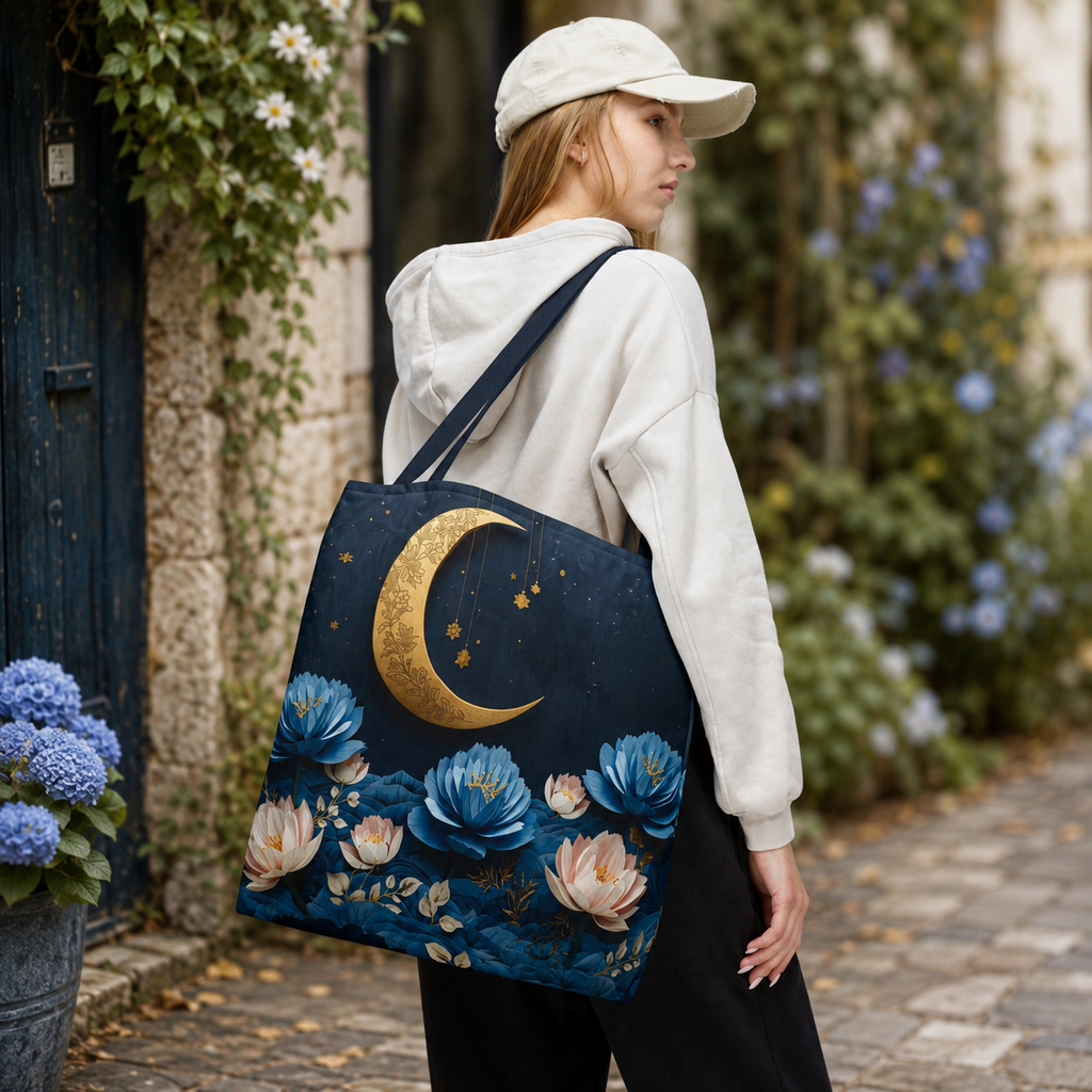 Navy blue celestial tote bag with gold crescent moon, stars and blue floral design, styled on a cobblestone garden path.
