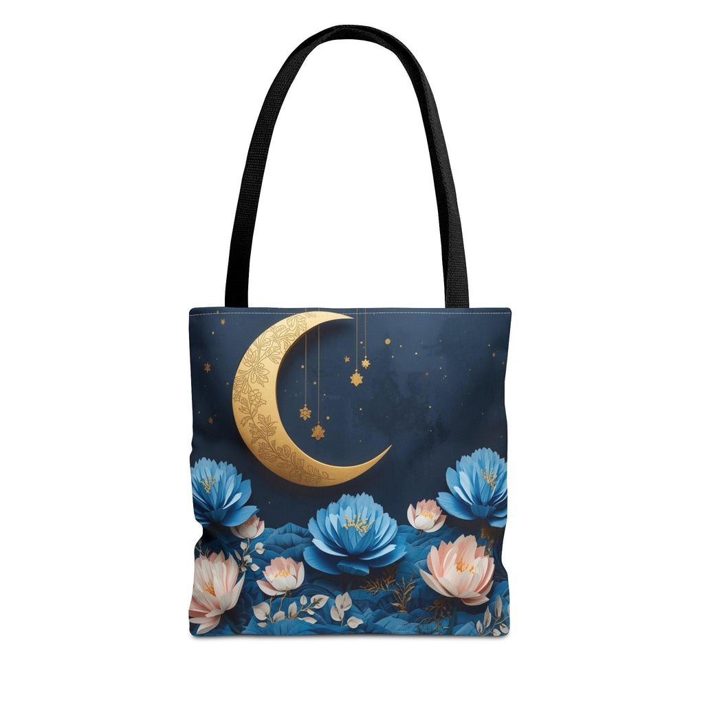 Tote bag with floral design and moon on a blue background