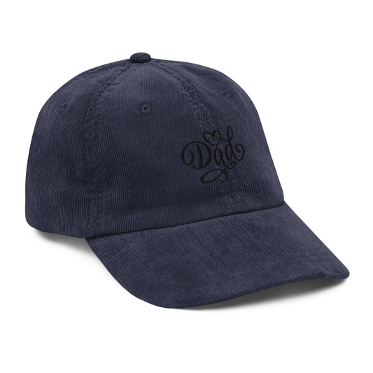 Navy blue vintage corduroy dad hat with black embroidered “Dad” heart script — minimalist Father’s Day gift, stylish and sentimenta
