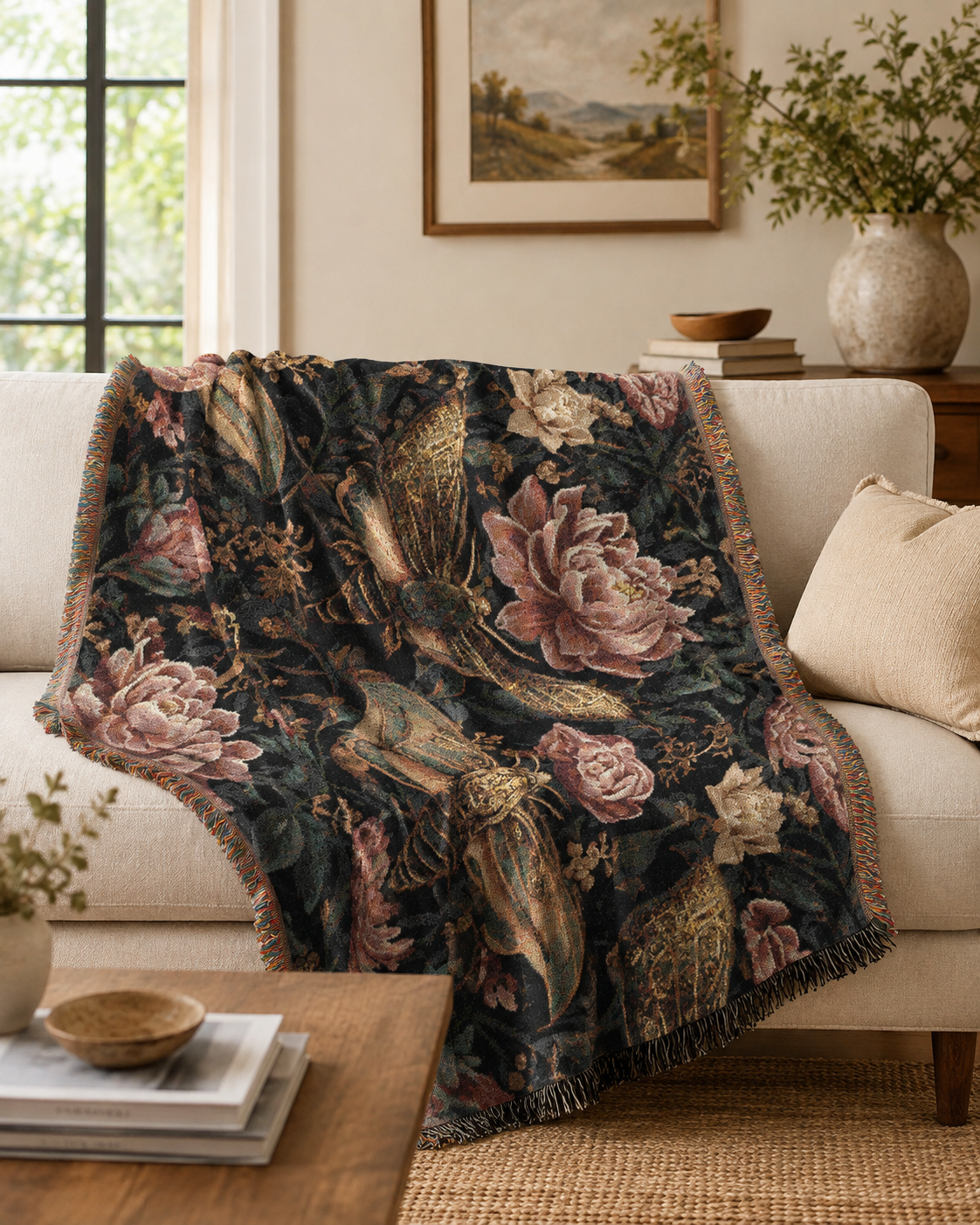 Dark botanical woven throw blanket with vintage moths, pink flowers, and moody floral details draped over a beige sofa.